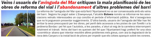 Notcia publicada al nmero 70 de L'Erampruny criticant les obres de la millora de l'avinguda del mar de Gav Mar (Juny de 2009)